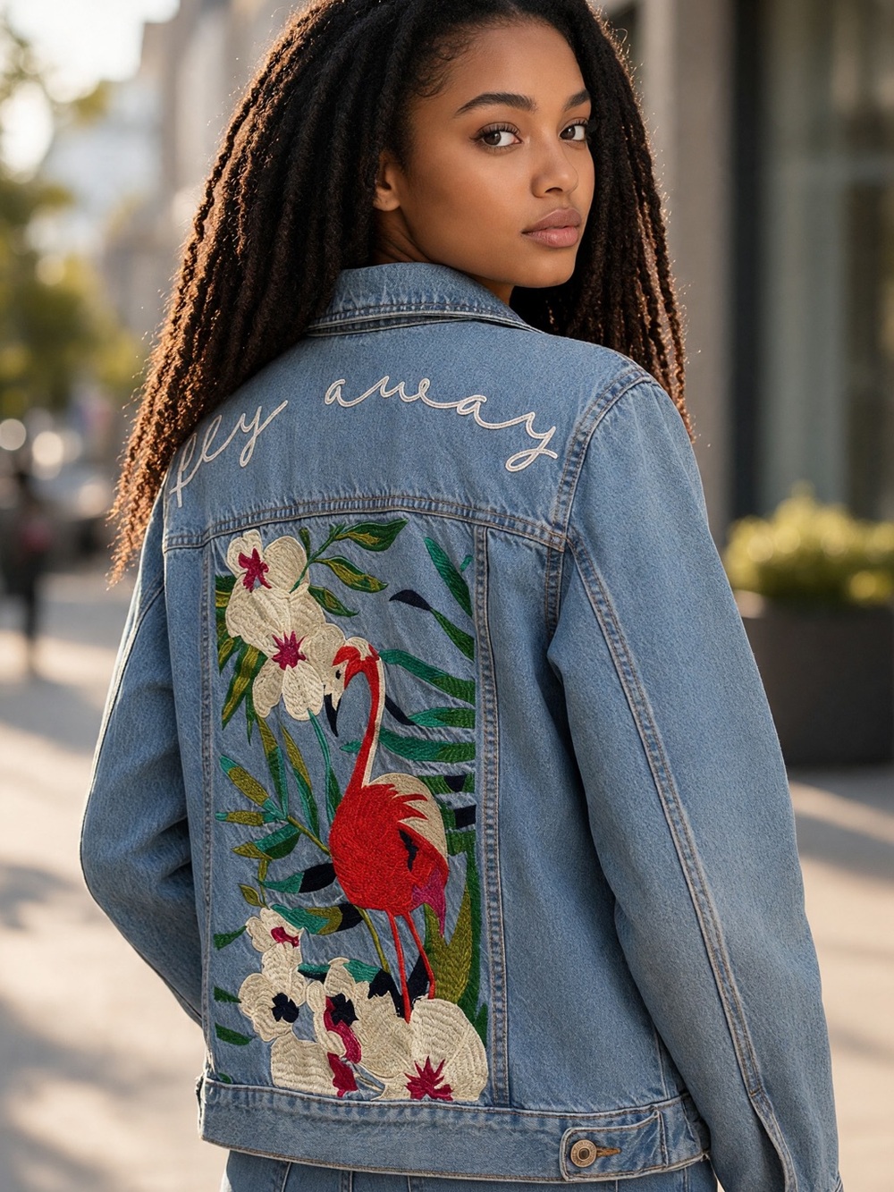 Denim&Co Light Blue Embroidered Flamingo Jean Jacket